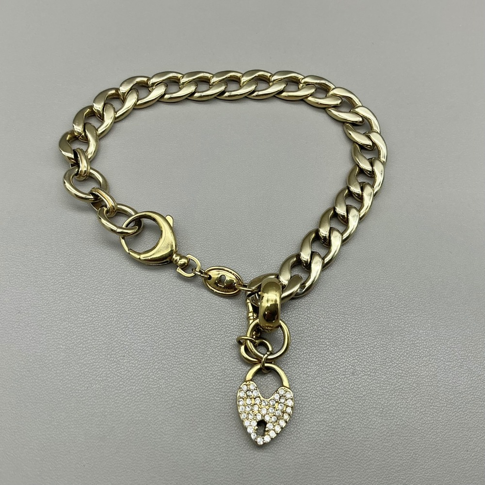 Fossil Curb Chain Bracelet Womens Gold Tone Pave Heart Lock Key Charm Jewelry